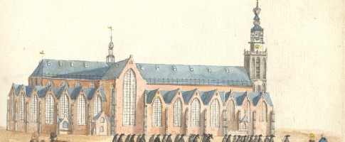 Rouwstoet bij de St.-Janskerk. Anonieme pentekening in een resolutieboek, circa 1800