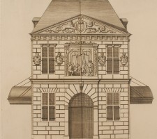 Gravure van de voorgevel van de Waag uit: "Description da la maison du poids de la ville de Gouda, ordonnée par Pierre Post", 1715