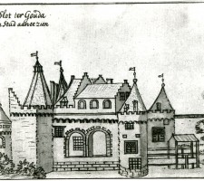 "Het Slot (kasteel) ter Gouda uyt de stad aan te zien", pentekening van een onbekende tekenaar, circa 1700