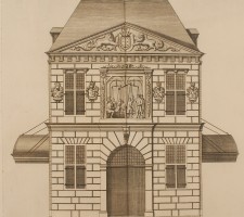 Gravure van de voorgevel van de Waag uit: "Description da la maison du poids de la ville de Gouda, ordonnÃ©e par Pierre Post", 1715
