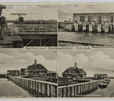 Vier verschillende opnamen van de nieuwe sluiswerken in de Gouwe (Julianasluis en dieselgemaal mr. P.A. Pijnacker Hordijk), 1935