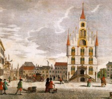 "Gesigt van het Stadhuys tot Gouda". Het stadhuis en de Markt door Georg Balthasar Probst, circa 1750. Collectie museumgoudA, foto Tom Haartsen