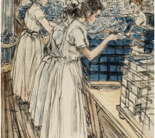 Lithografie van Jan Toorop van het inpakken van de kaarsen door werkneemsters van de Stearine Kaarsenfabriek, 1905. Collectie museumgoudA, foto: Tom Haartsen