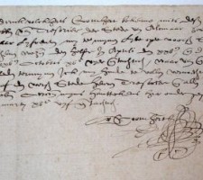 Kwitantie van Coornhert voor de tresoriers van Alkmaar wegens ontvangst van Æ’ 6 voor een jaar lijfrente, 20 maart 1585