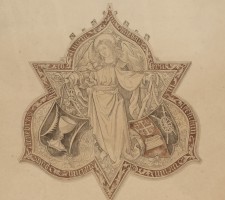 Afbeelding van de koperen platen van het graf van Ghysbert Willem Raet. Gewassen pentekening, tweede helft 19e eeuw. Collectie museumgoudA, foto Tom Haartsen