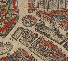 De Donkere Sluis en gedeeltes van de Haven en Gouwe op de stadsplattegrond van Braun en Hoogenberg, circa 1580